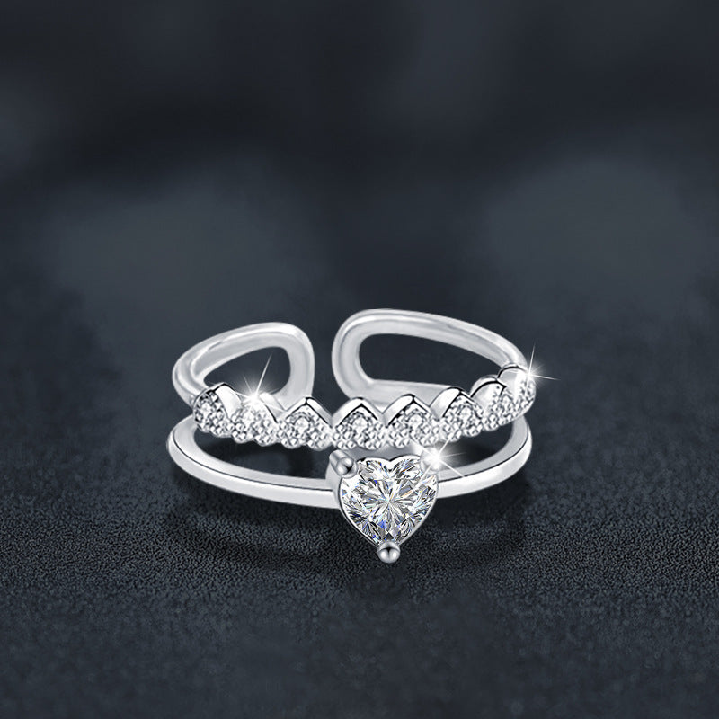 S925 Sterling Silver Moissanite Heart-Shaped Double-Layer Ring