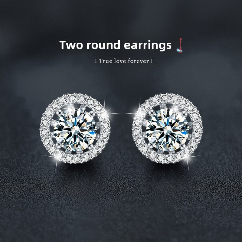 925 Sterling Silver Simple Round Pouch with Four-Prong Moissanite Earrings - Two Ways to Wear