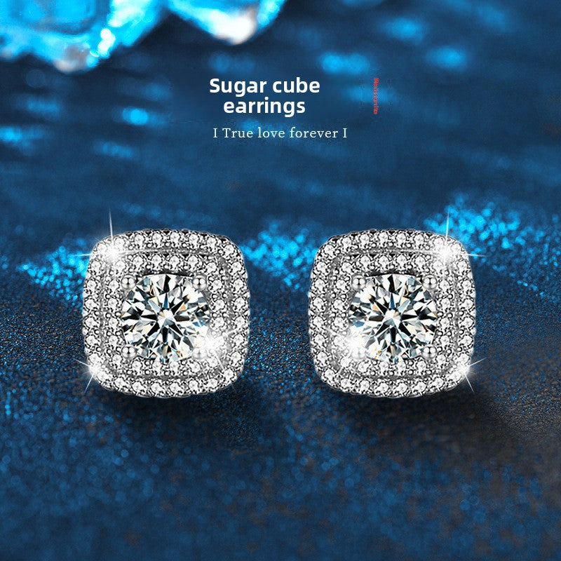 Sugar cube earrings, 925 sterling silver, moissanite, simple and everyday style.