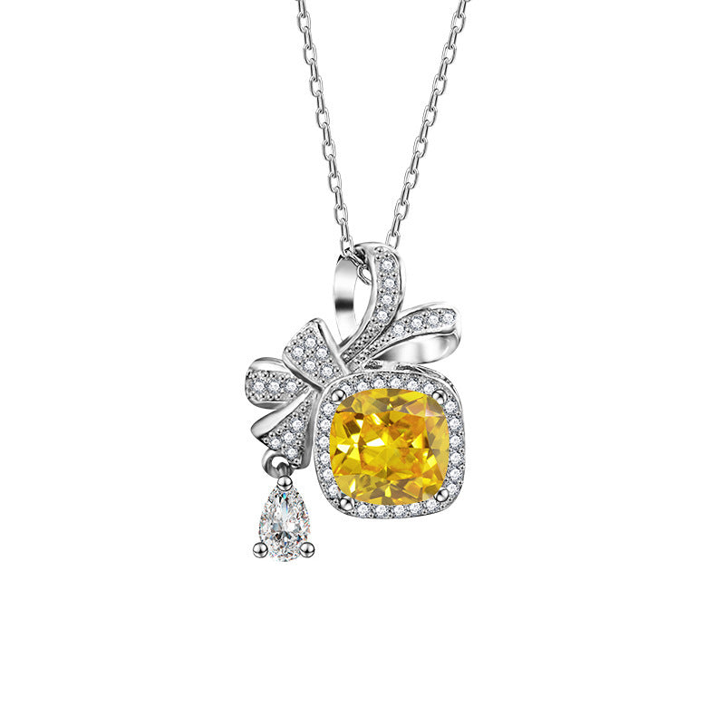 S925 Silver Moissanite Pendant Bow Square Necklace