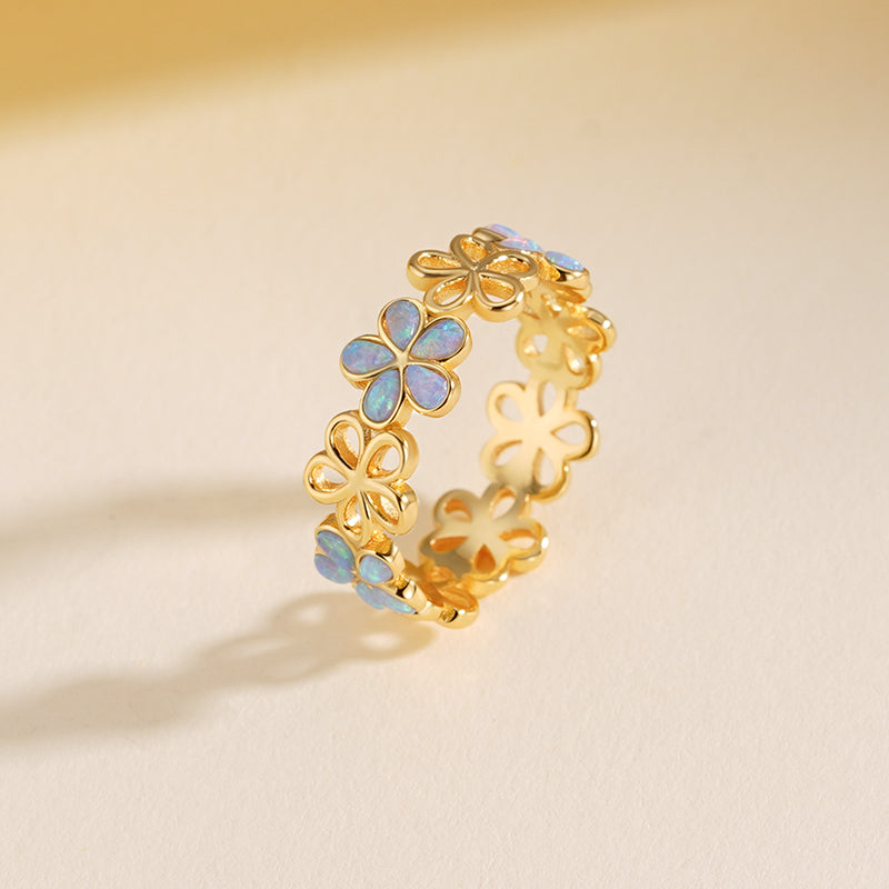 925 Sterling Silver Openwork Floral Opal Ring