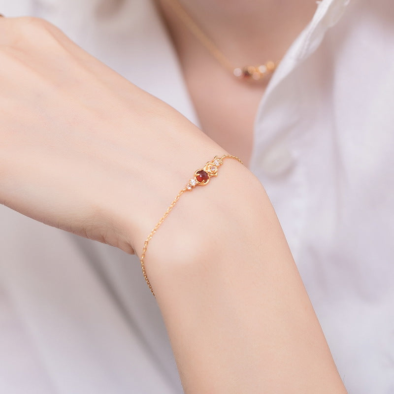 S925 Sterling Silver Gold-Plated Natural Garnet Flower Zirconia Bracelet