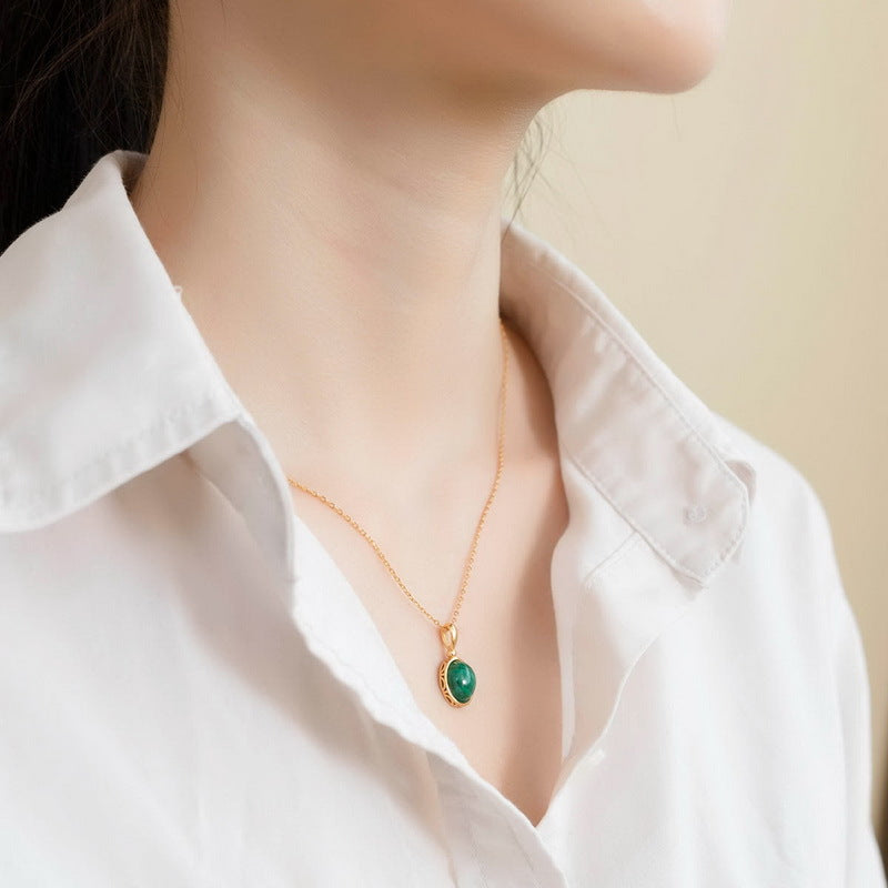 S925 Sterling Silver Gold-Plated Natural Malachite Geometric Pendant Necklace
