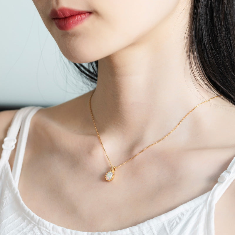 S925 Sterling Silver Gold-Plated Retro Opal Pendant Egg Necklace