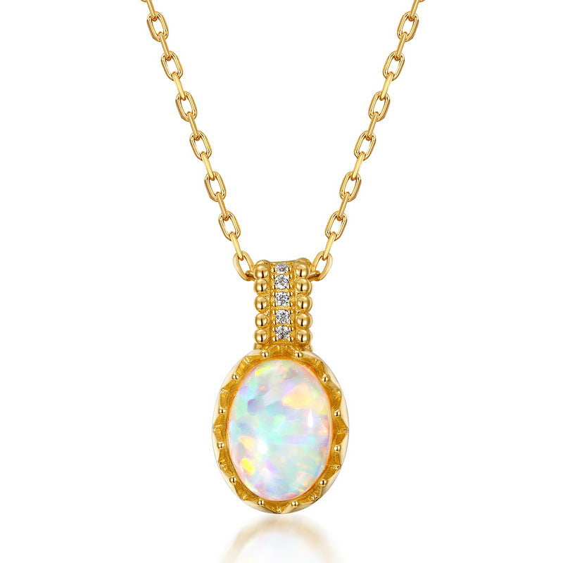 S925 Sterling Silver Gold-Plated Retro Opal Pendant Egg Necklace