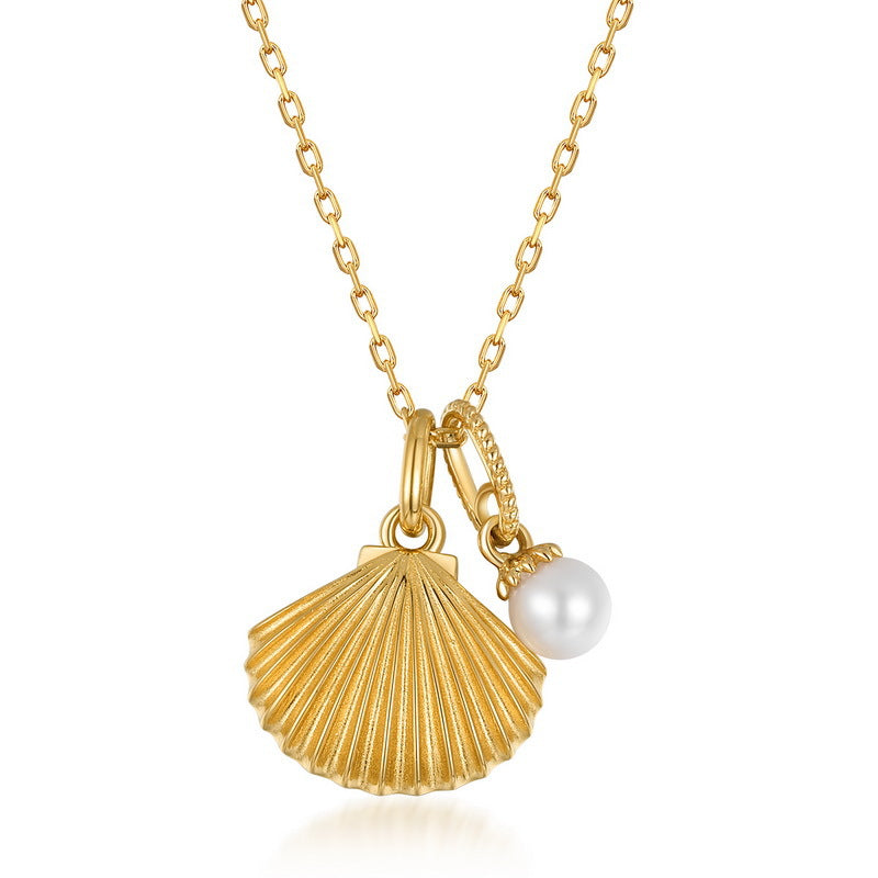 S925 Sterling Silver 9k Gold Freshwater Pearl Scallop Necklace