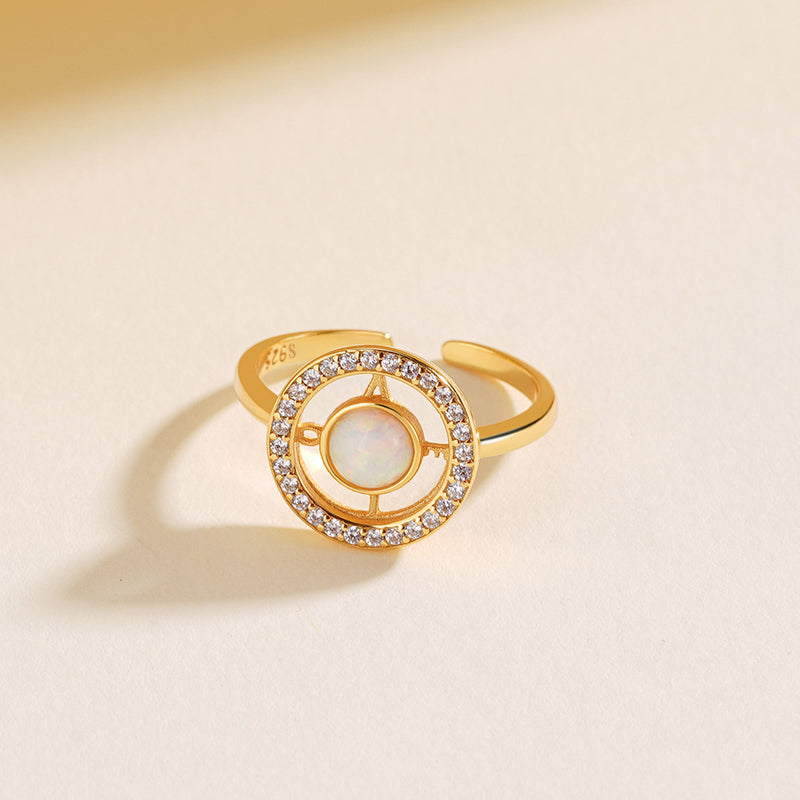925 Sterling Silver Open Ring with Cut-out Circle, Opal, and Letter