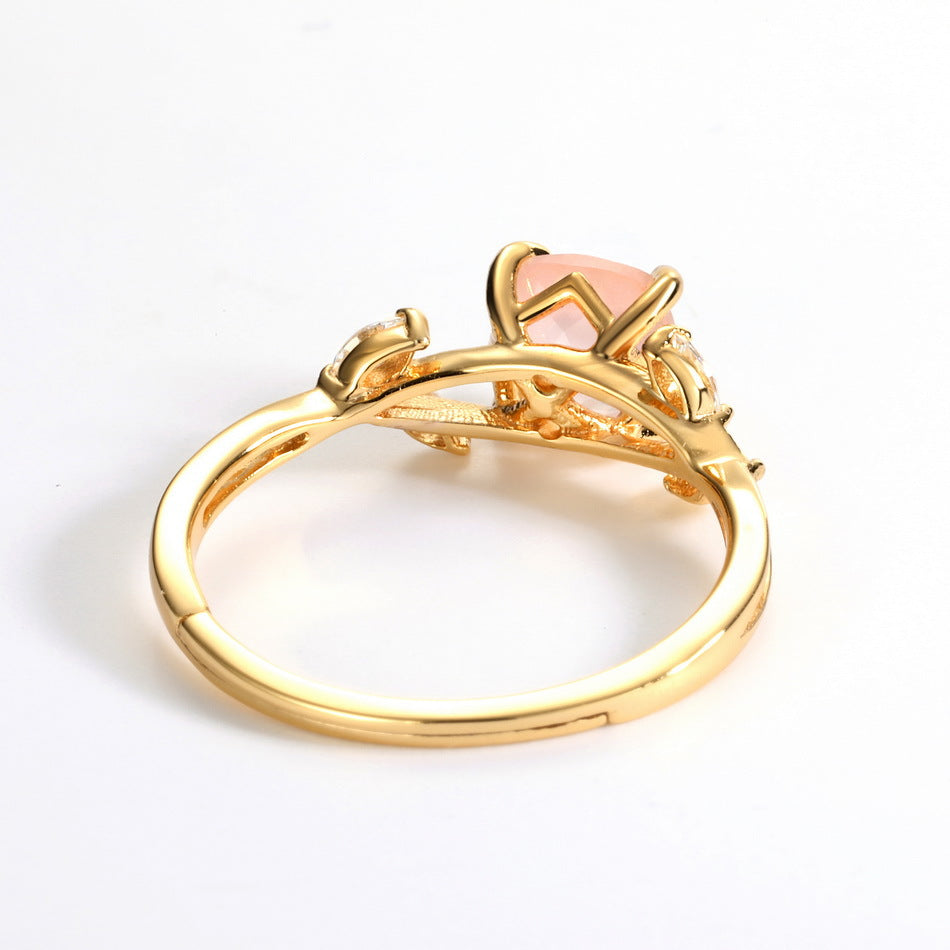 S925 Sterling Silver Gold-Plated Natural Rose Quartz Leaf Zircon Ring