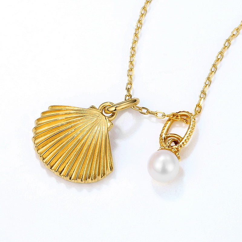 S925 Sterling Silver 9k Gold Freshwater Pearl Scallop Necklace