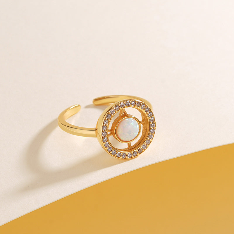 925 Sterling Silver Open Ring with Cut-out Circle, Opal, and Letter