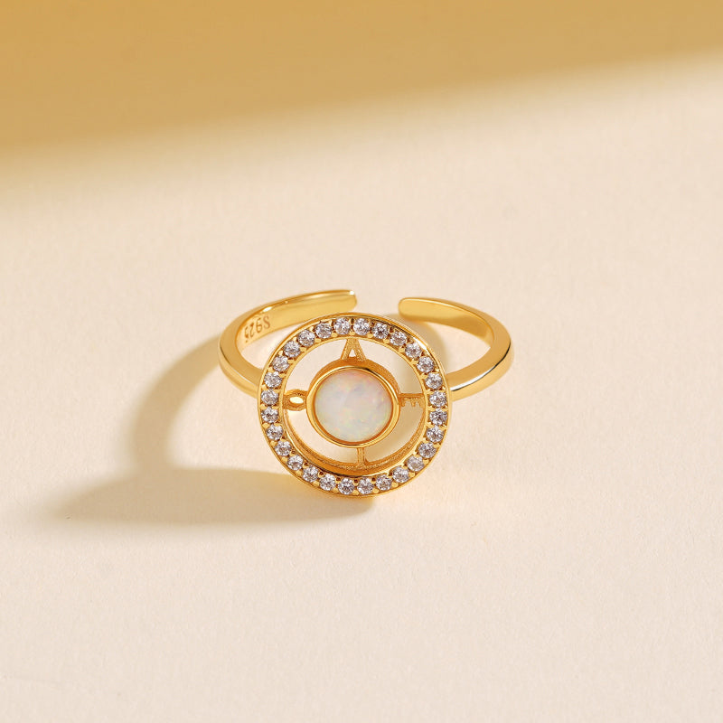 925 Sterling Silver Open Ring with Cut-out Circle, Opal, and Letter