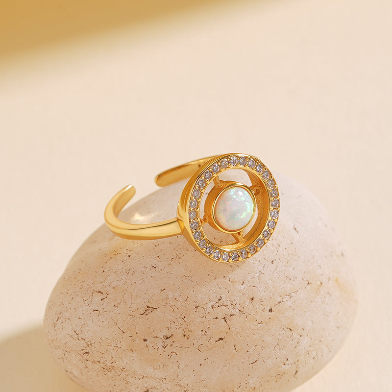 925 Sterling Silver Open Ring with Cut-out Circle, Opal, and Letter