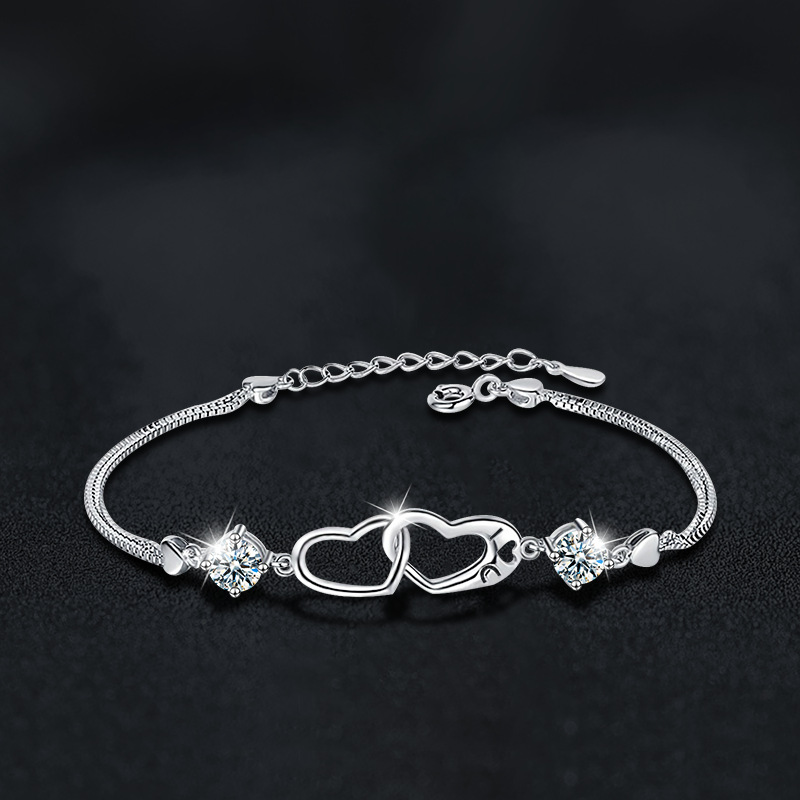 S925 Silver Moissanite Heart-Shaped Double-Ring Bracelet