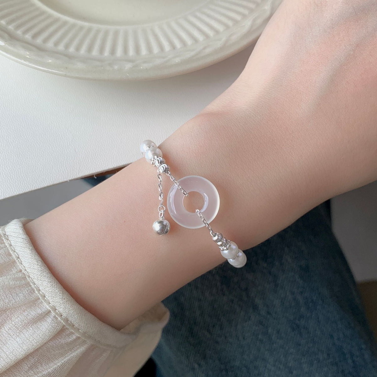 925 sterling silver white jade marrow bracelet - silvery