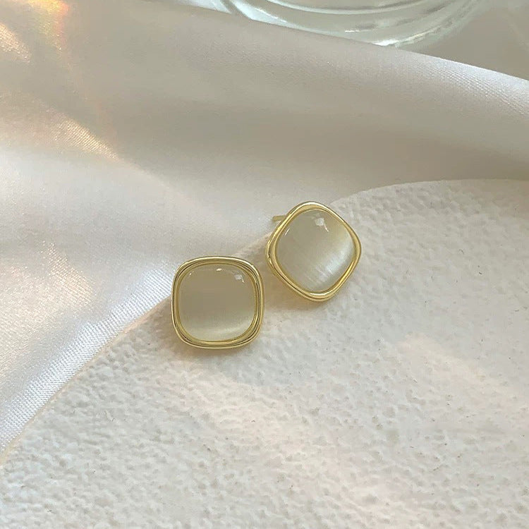 S925 sterling silver imitation cat eye stone square earrings - golden