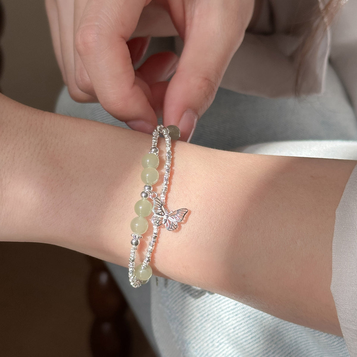S925 sterling silver double-layer butterfly pendant bracelet - silvery