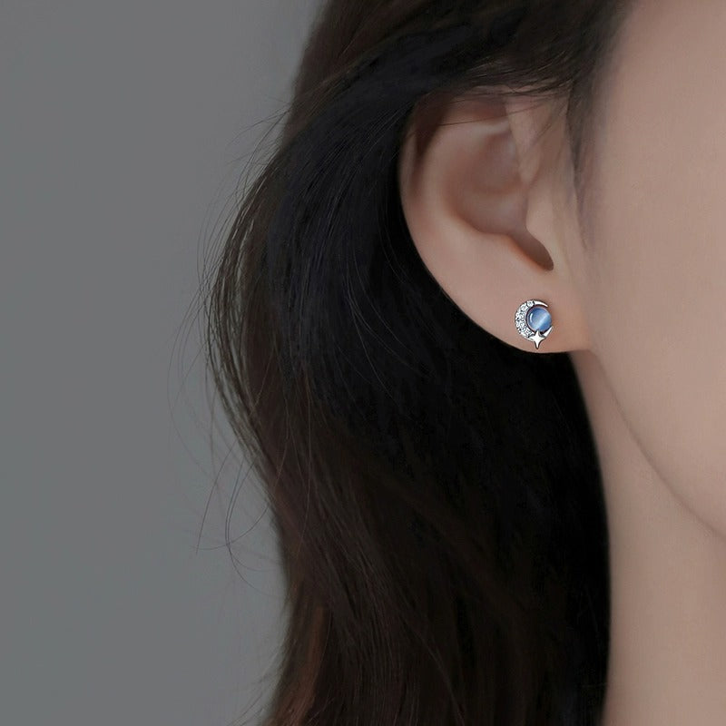 S925 sterling silver cat eye stone earrings - silvery