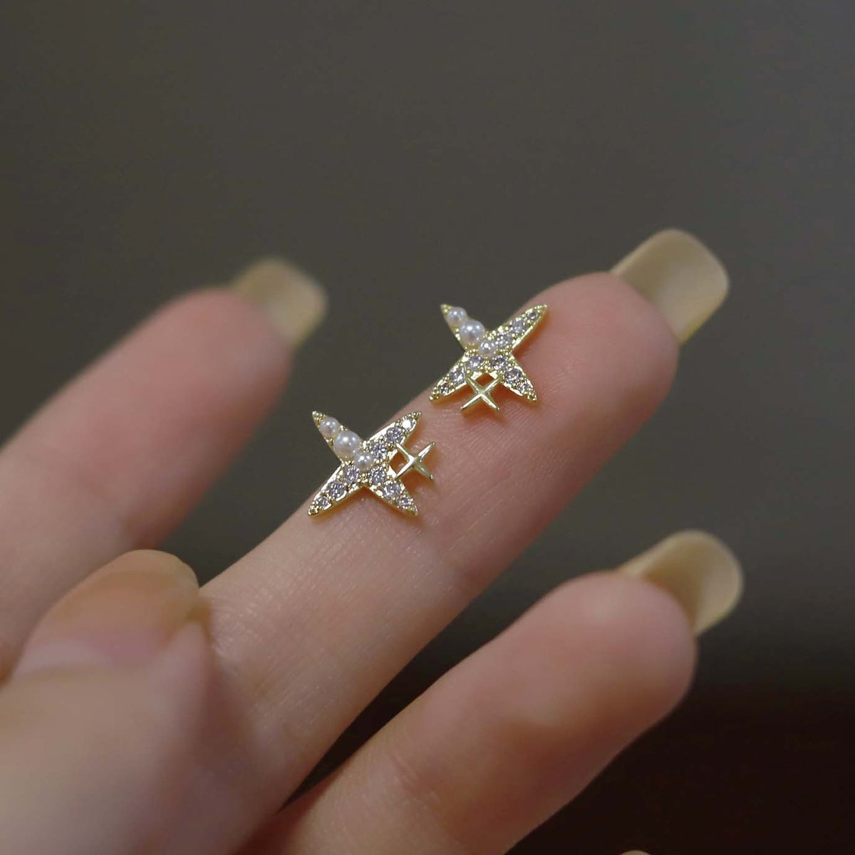 925 sterling silver four pointed star earrings - golden