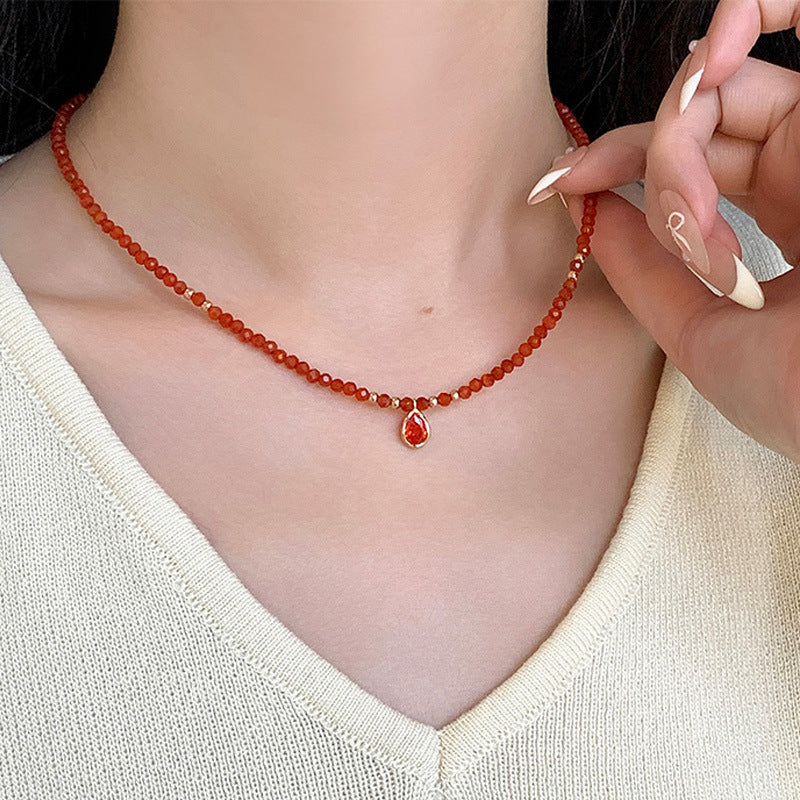 925 sterling silver red agate necklace - champagne golden