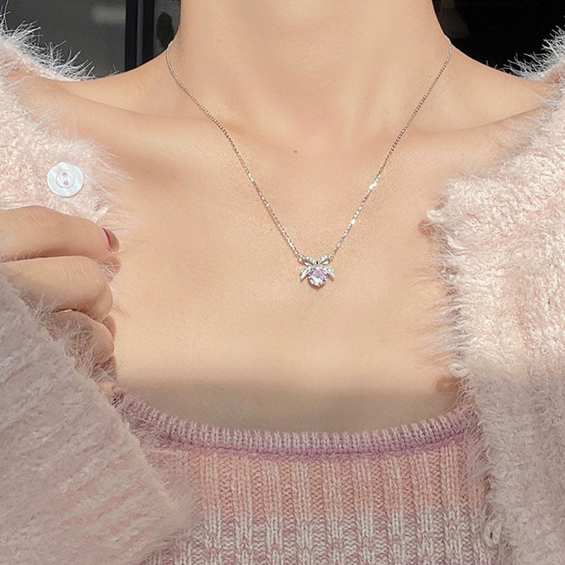 925 sterling silver bowknot with sparkling zirconium pendant necklace - silvery