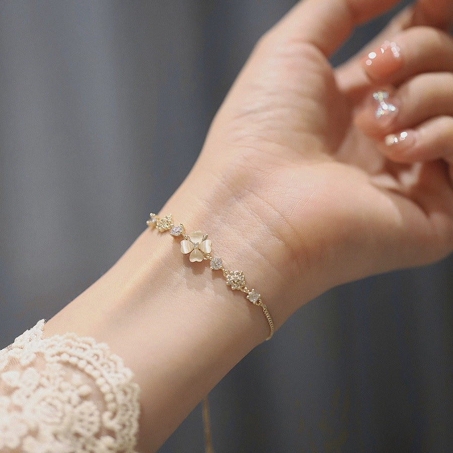 925 sterling silver four-leaf clover bracelet - champagne golden