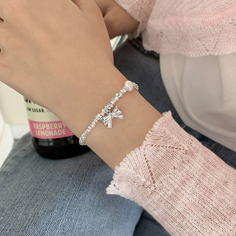 925 sterling silver bow pendant bracelet - silvery