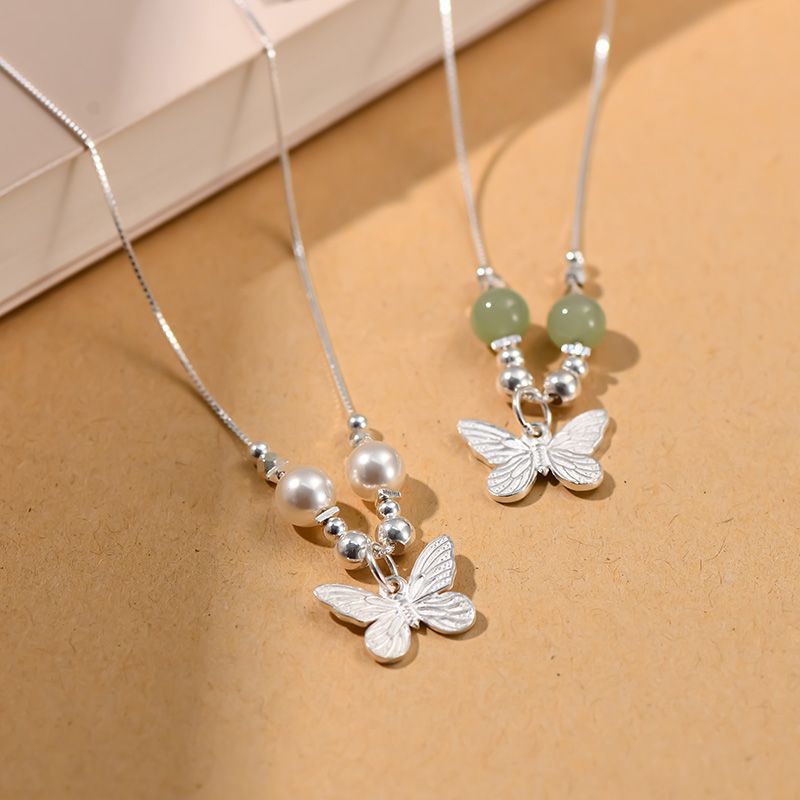925 sterling silver butterfly pendant necklace - silvery