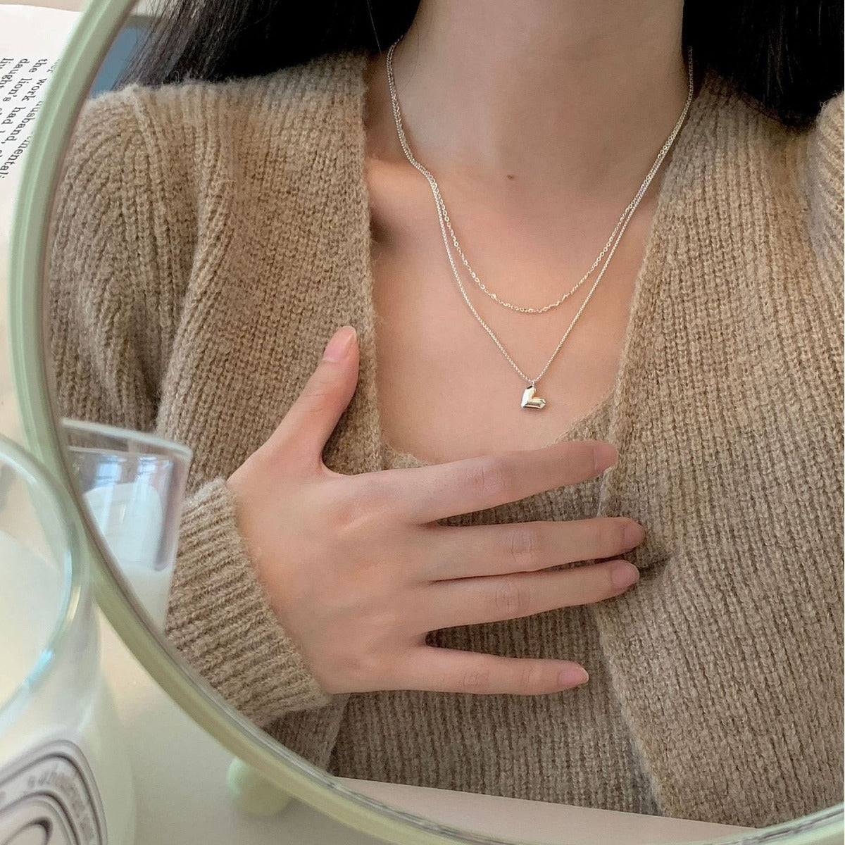 925 sterling silver heart pendant double layered necklace - silvery