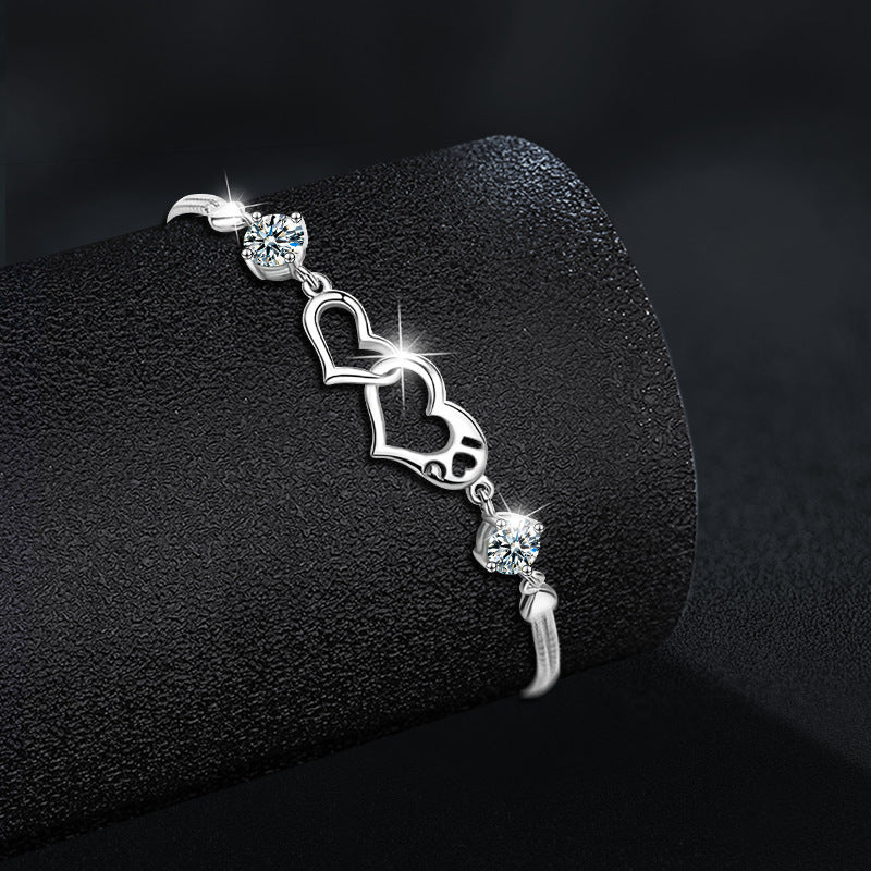 S925 Silver Moissanite Heart-Shaped Double-Ring Bracelet