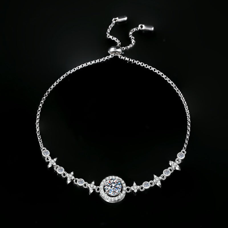 S925 Sterling Silver Moissanite "Star and Moon" Bracelet (Round Bezel Setting)