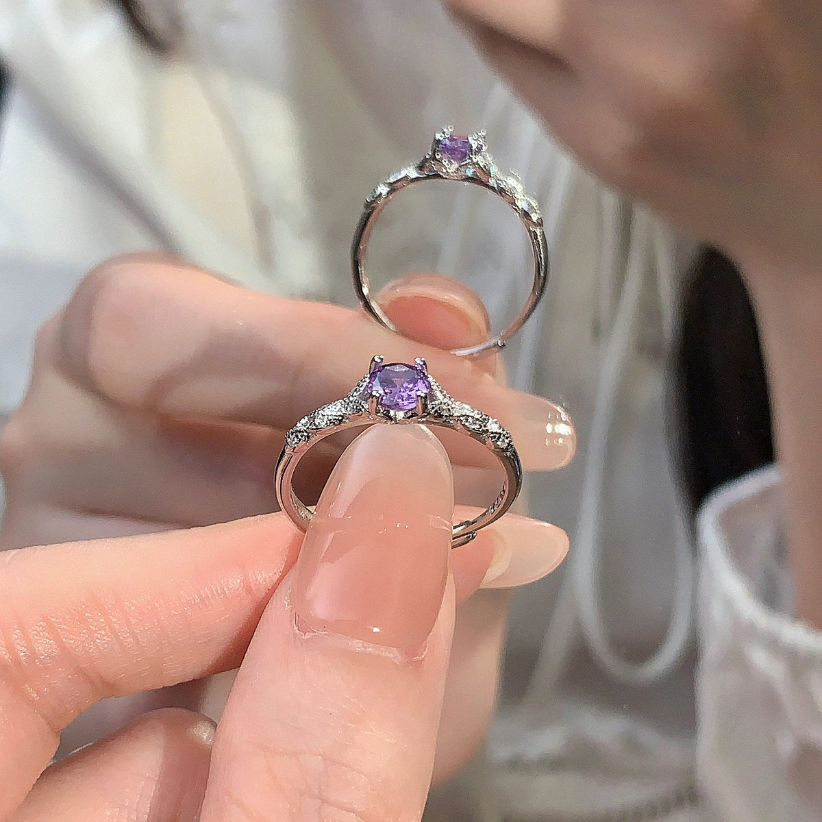 S925 Pure Silver Purple Sparkling Zirconia Ring - Silvery