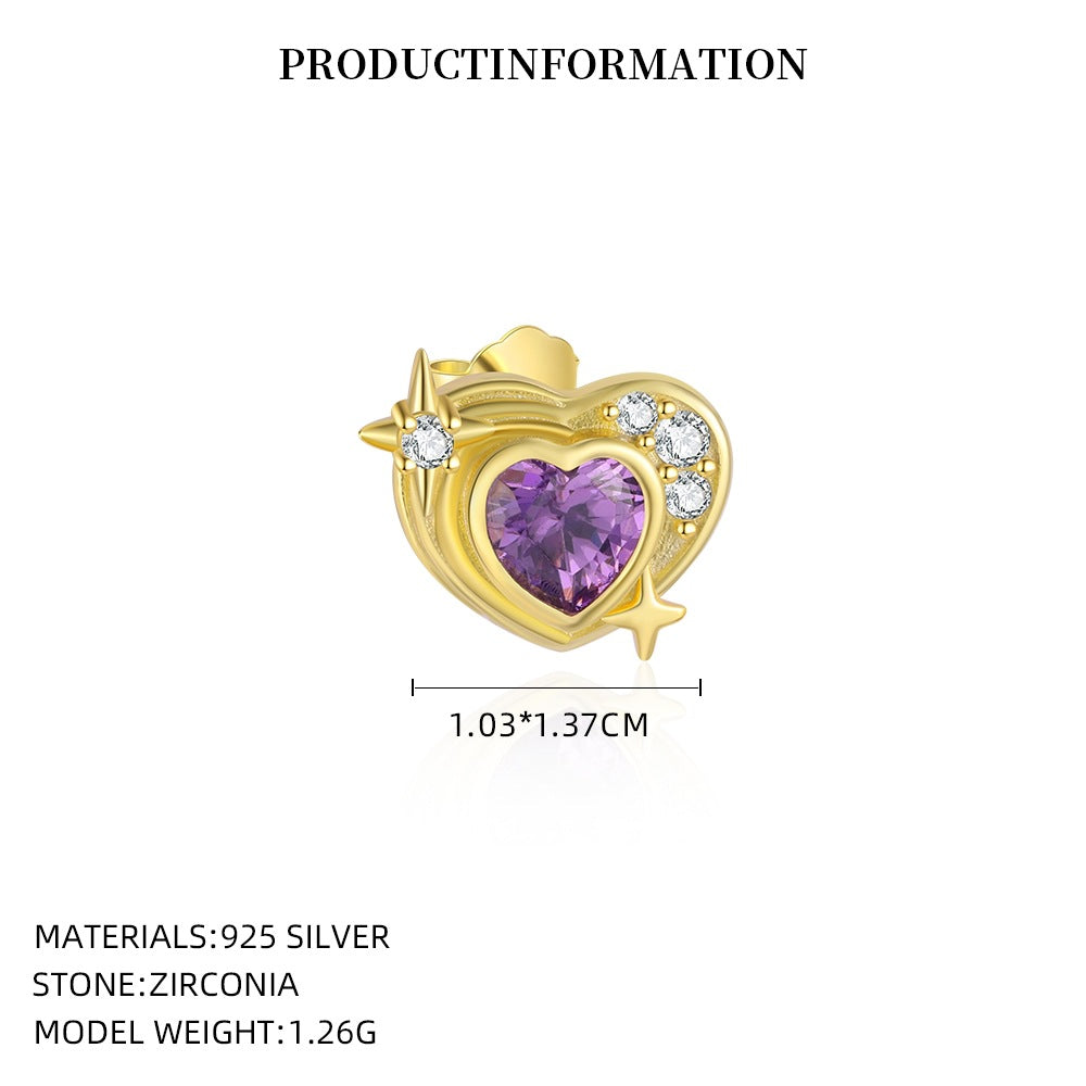 S925 Sterling Silver Heart Stud Earrings with Colorful Cubic Zirconia