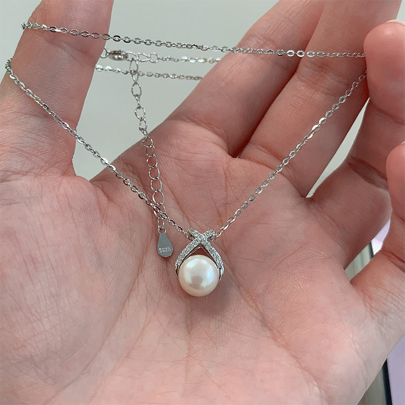 S925 Silver Freshwater Pearl Pendant Necklace - Silvery
