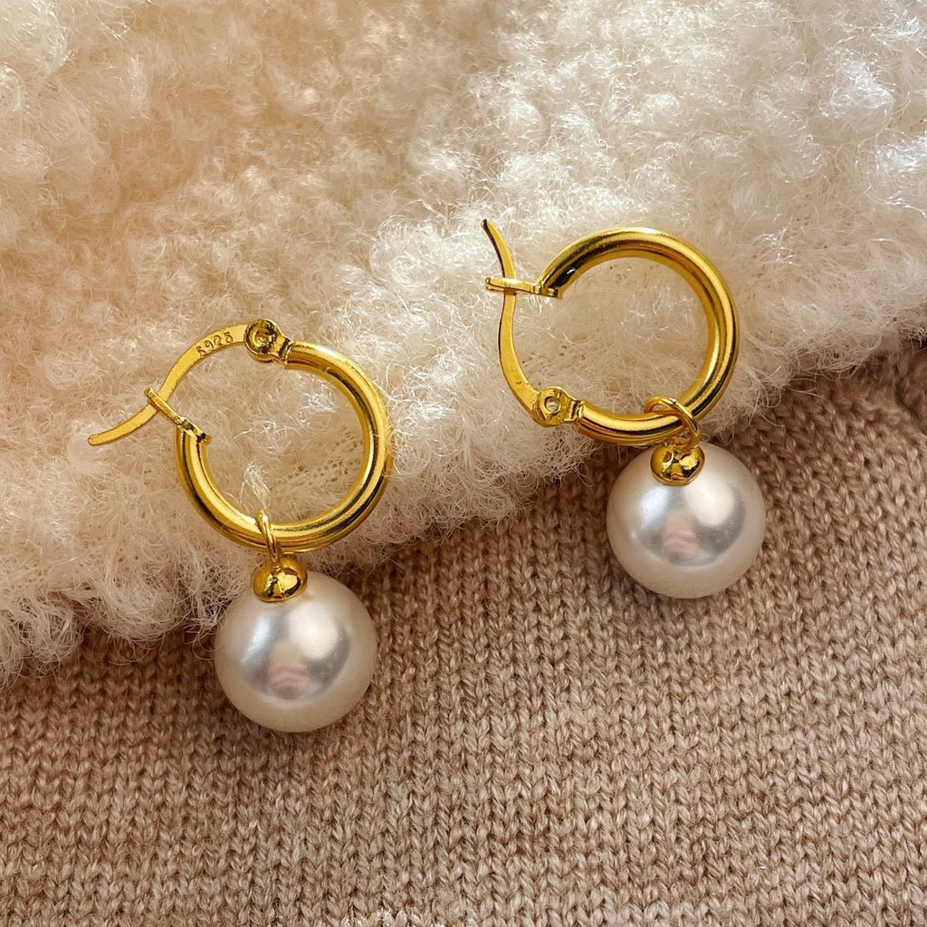 925 sterling silver pearl pendant earring - golden
