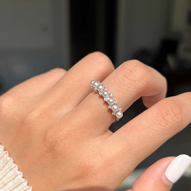S925 sterling silver sparkling zirconium imitation pearl ring - silvery