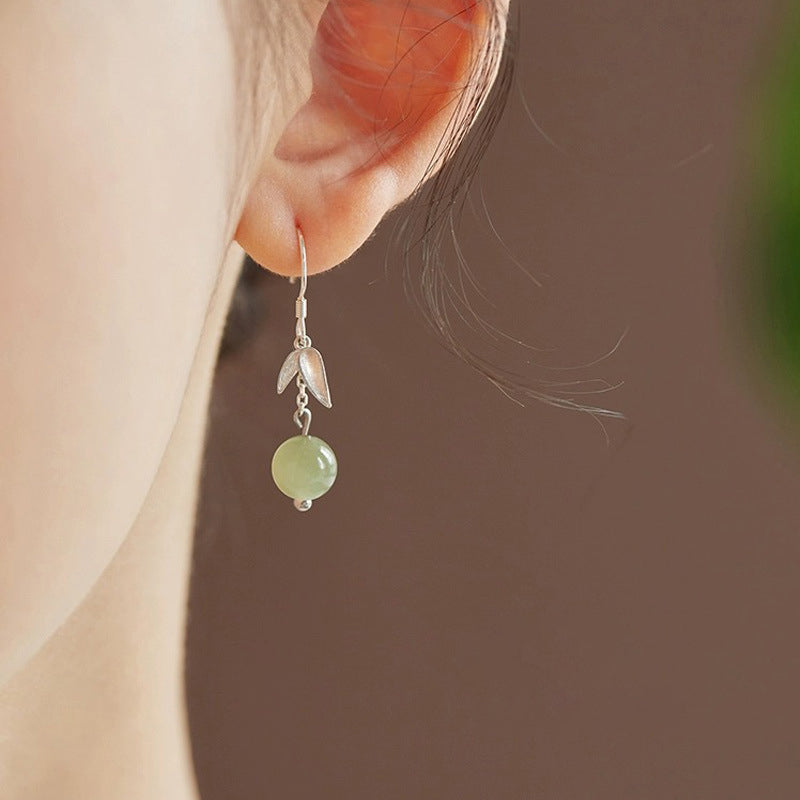 925 Sterling Silver Hotan Jade Ear Hook - Silvery