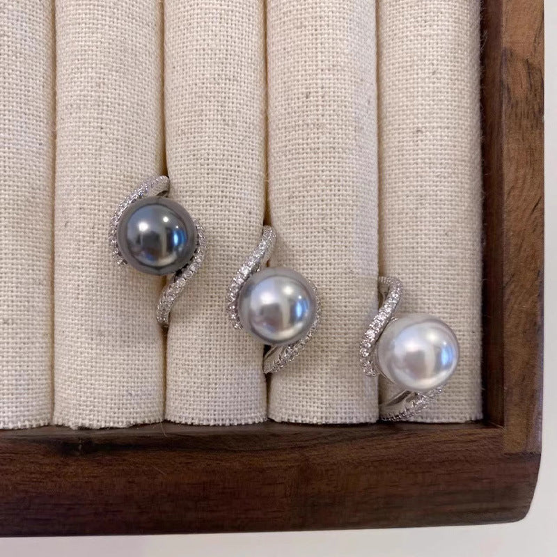 S925 sterling silver imitation pearl with sparkling zirconium ring - silvery
