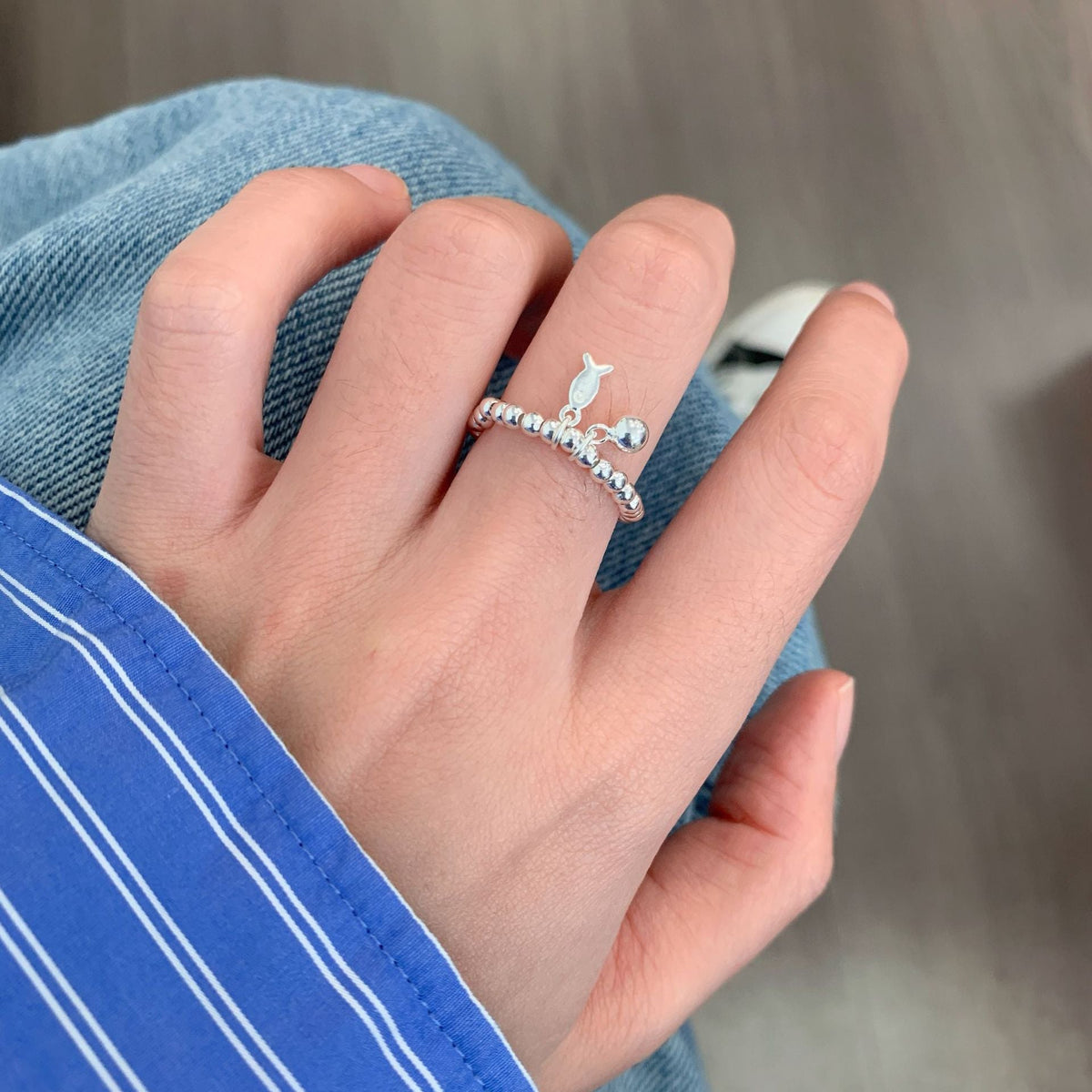 S925 sterling silver round bead elastic rope ring