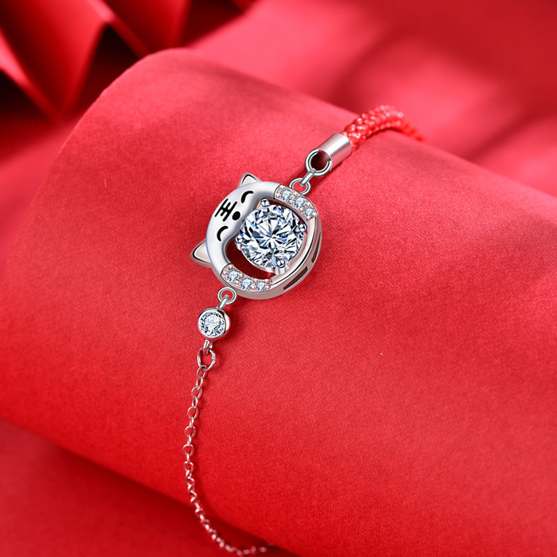 925 Sterling Silver Moissanite Tiger Red String Bracelet