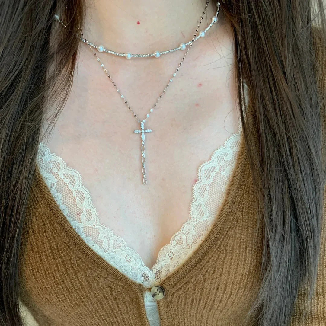 S925 sterling silver cross tassel pendant necklace - silver