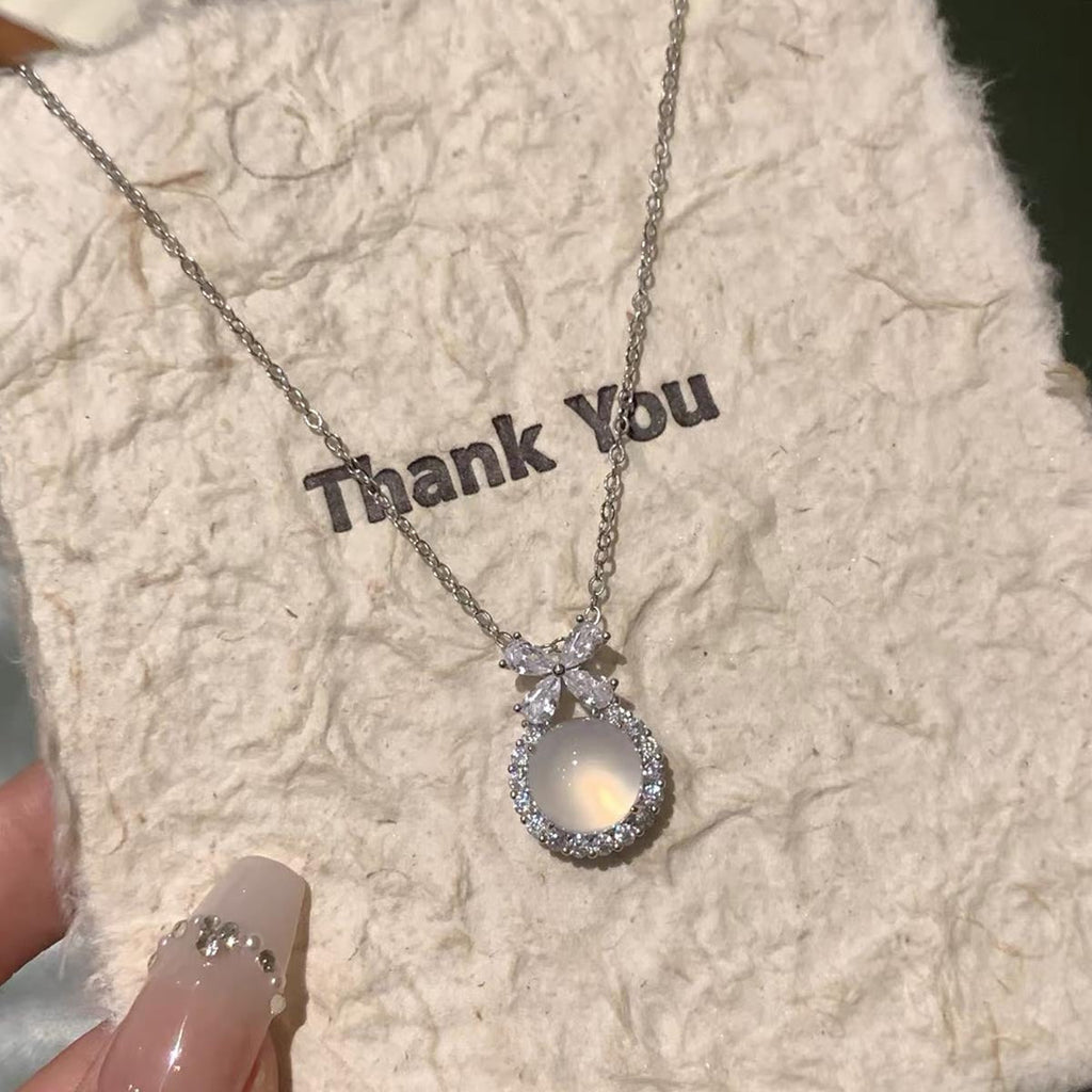 S925 Pure Silver White Jade Marrow Sparkling Zirconia Necklace - Silvery