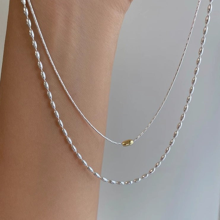 S925 Silver Olive Bead Necklace - Silvery