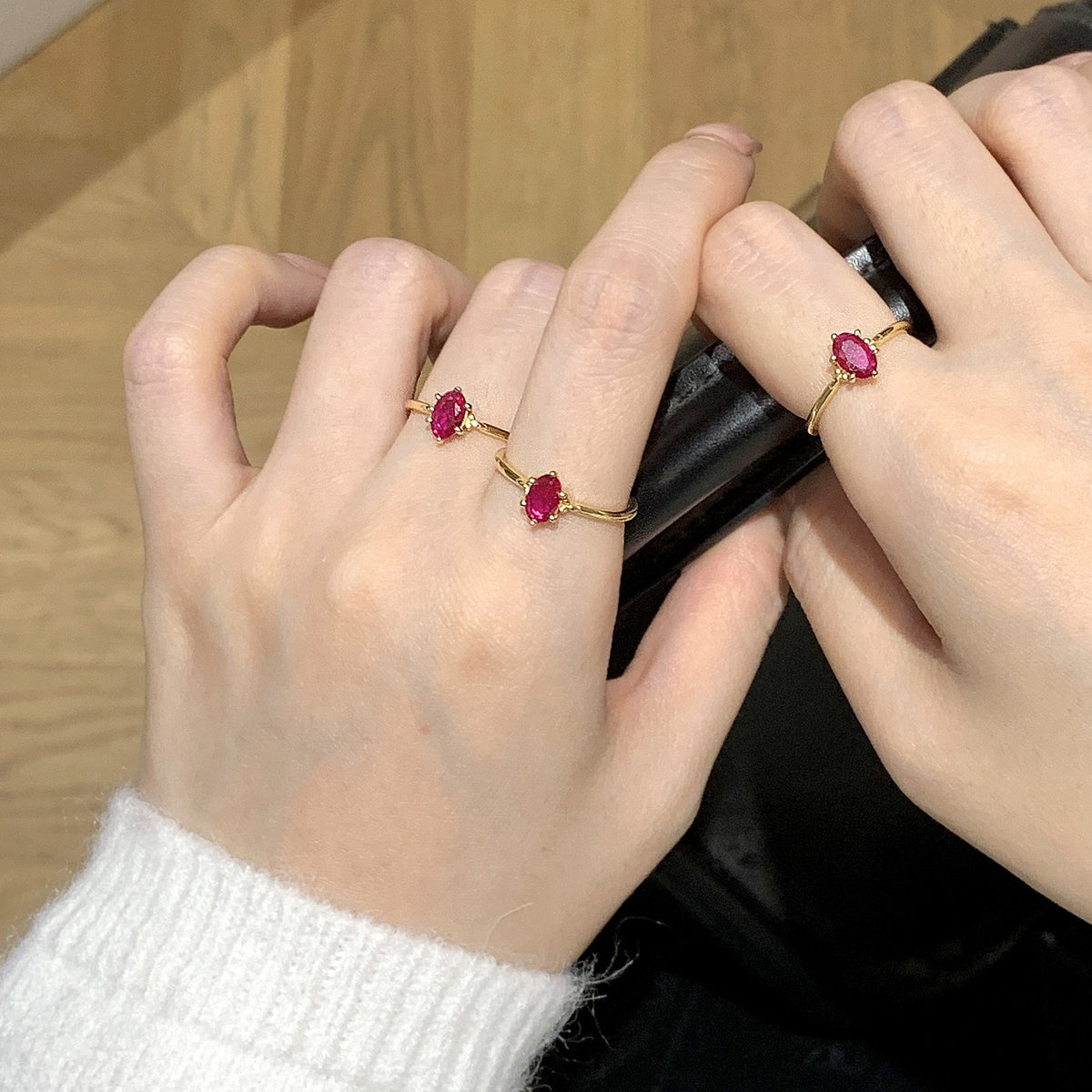 S925 Pure Silver Retro Rose Red Sparkling Zirconia Ring - Golden