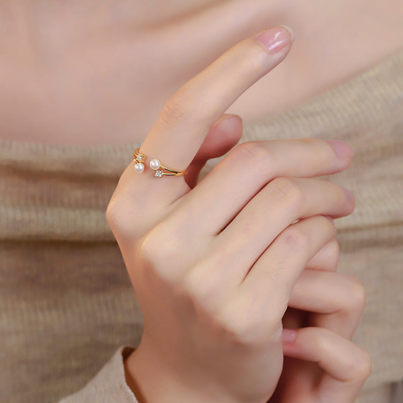925 sterling silver pearl opening ring - golden