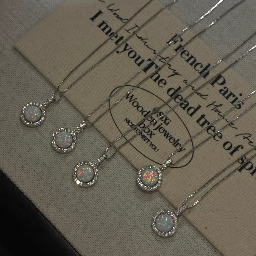 925 sterling silver opal necklace - silvery