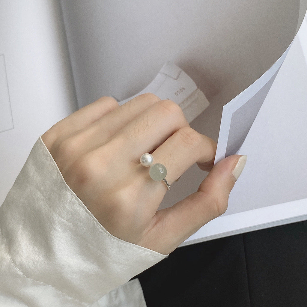 925 Silver Hetian Jade Pearl Open Ring - Silvery