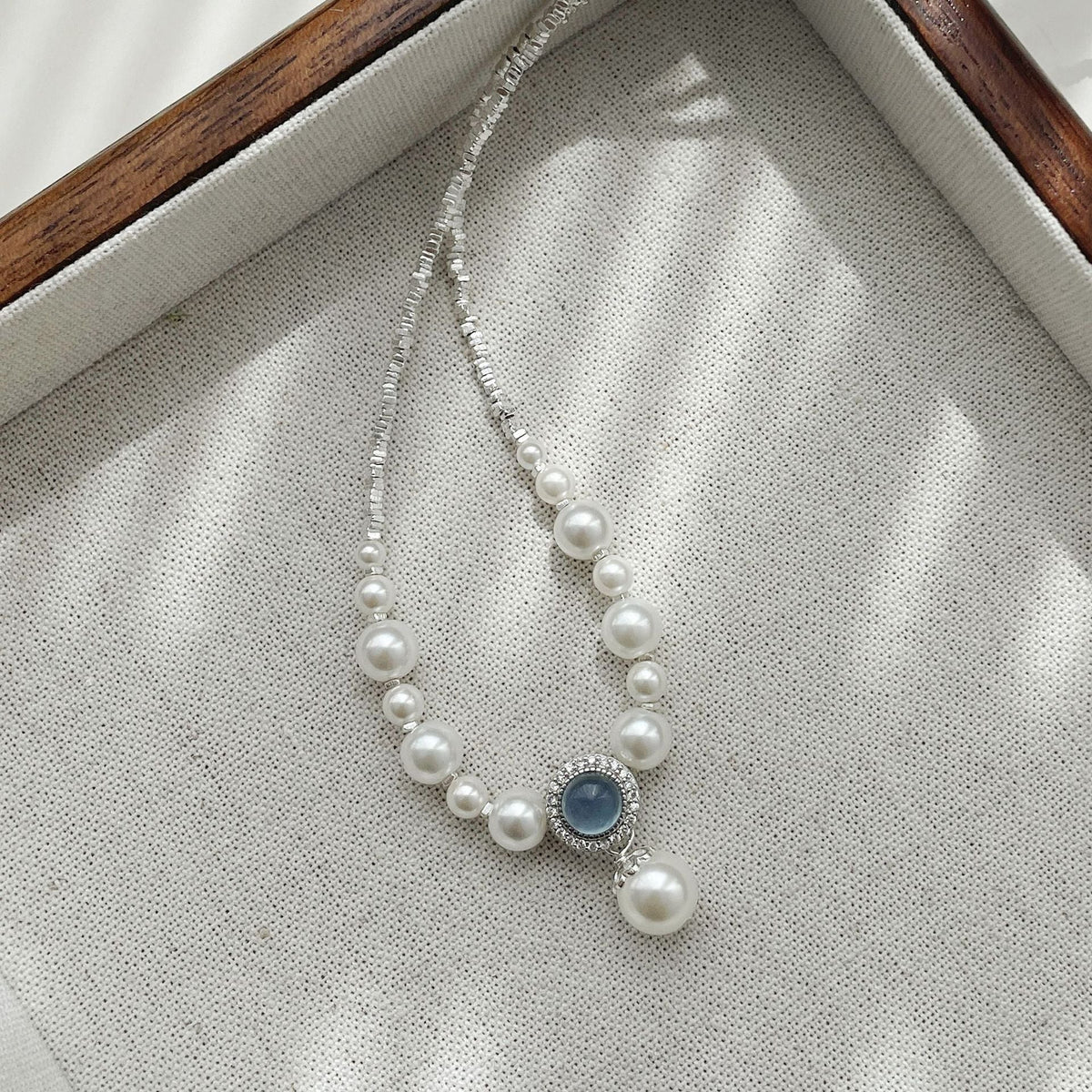 925 sterling silver pearl aquamarine pendant necklace - silver