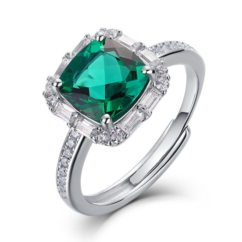 S925 Silver Adjustable Open Ring Set with Lab-Grown Colored Gemstone and Moissanite