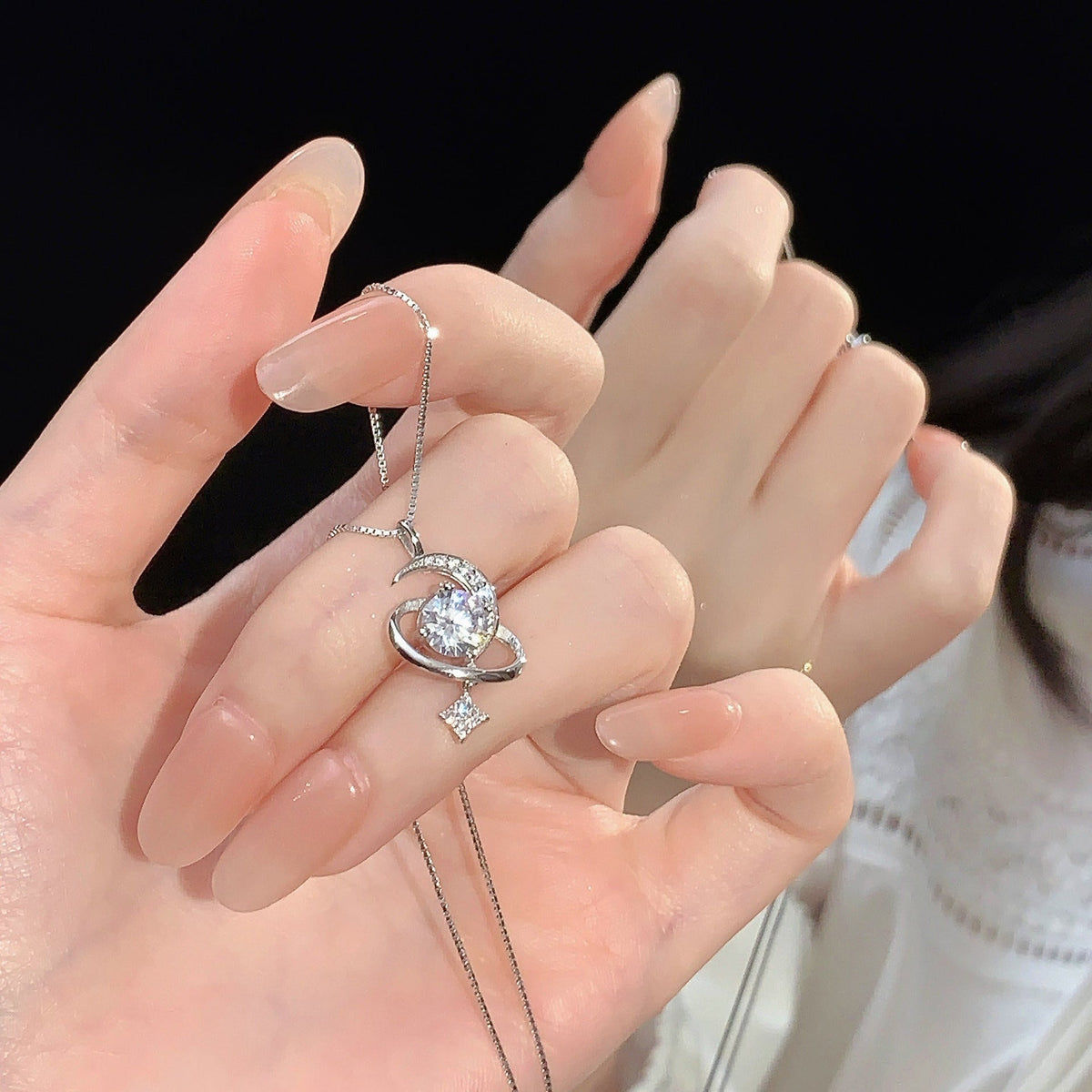 925 sterling silver star and moon pendant necklace - silvery