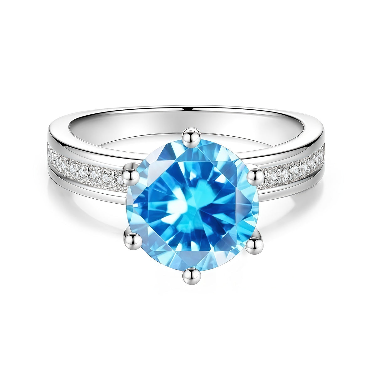 S925 Sterling Silver Six-Prong Round Colored Moissanite Ring